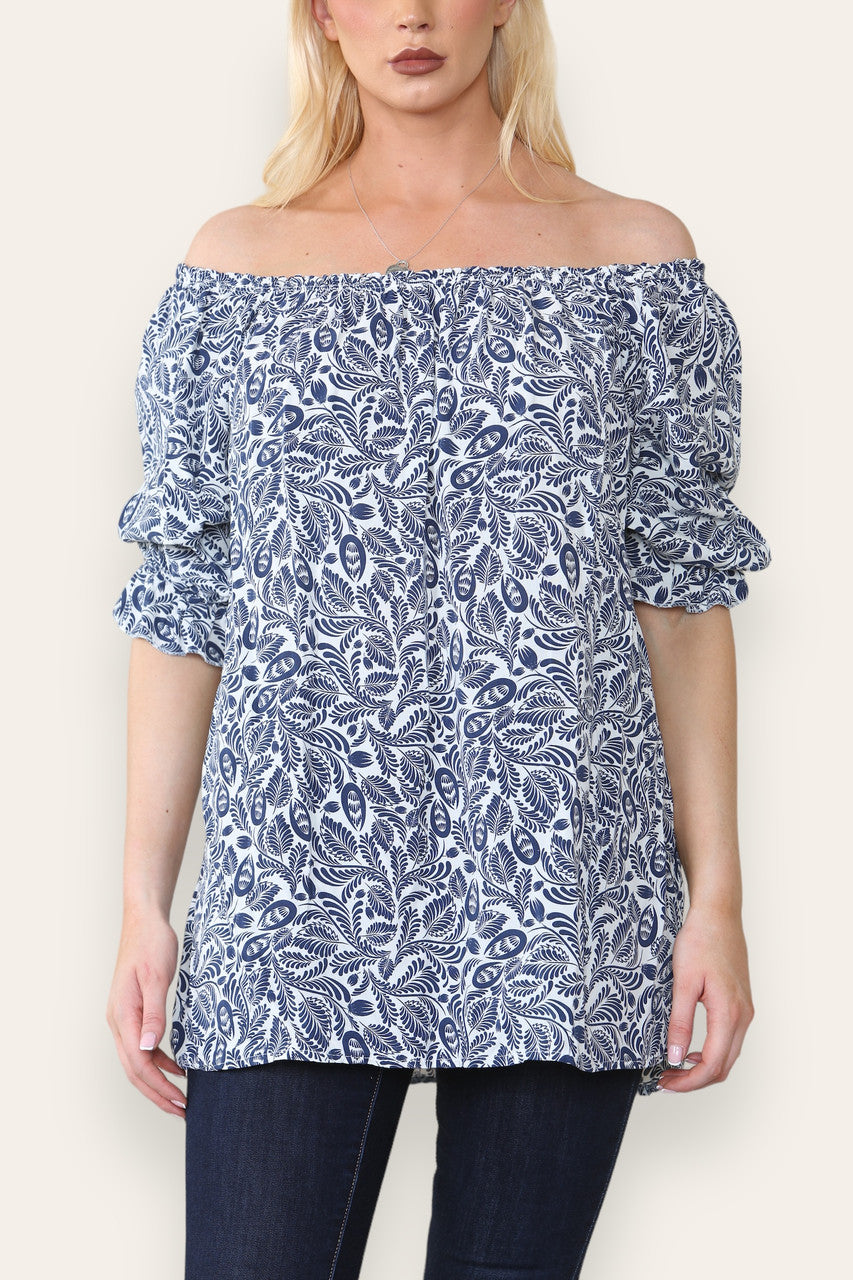 DITSY LEAF PRINT BARDOT BLOUSE TOP NAVY
