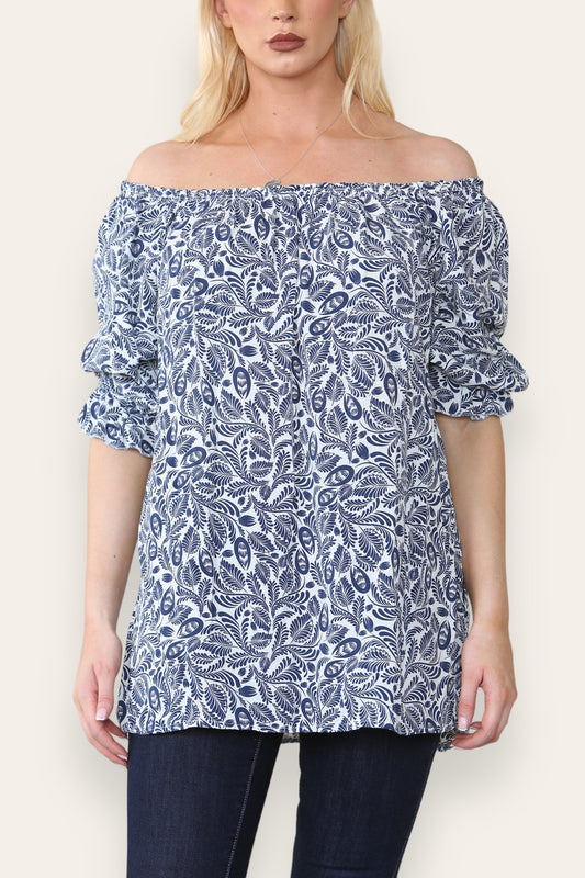 DITSY LEAF PRINT BARDOT BLOUSE TOP NAVY