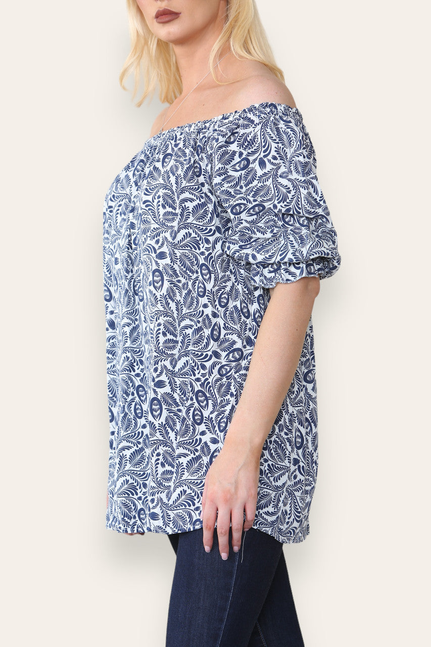DITSY LEAF PRINT BARDOT BLOUSE TOP NAVY