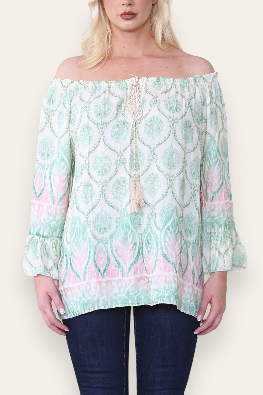 ART NOUVEAU PRINT BARDOT BLOUSE TOP MINT