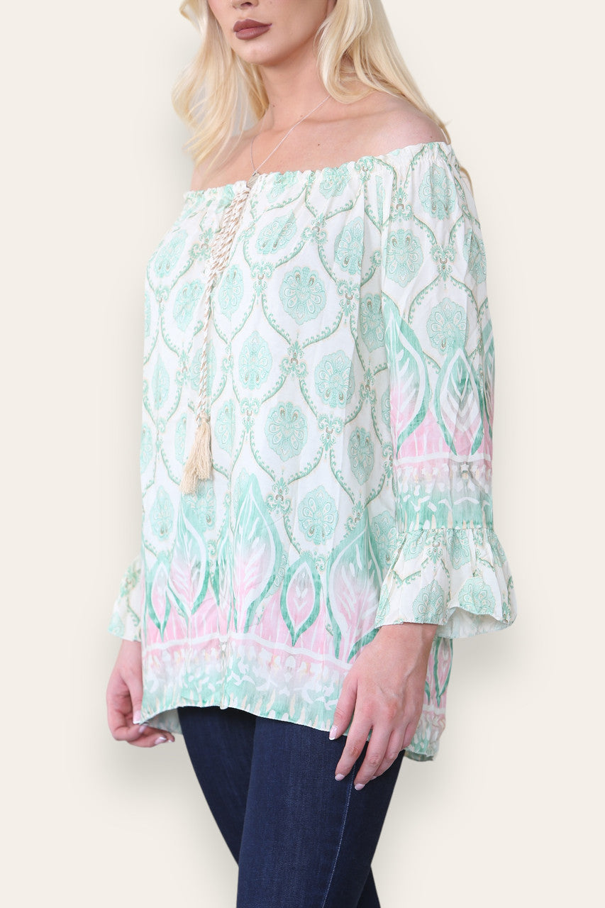 ART NOUVEAU PRINT BARDOT BLOUSE TOP MINT