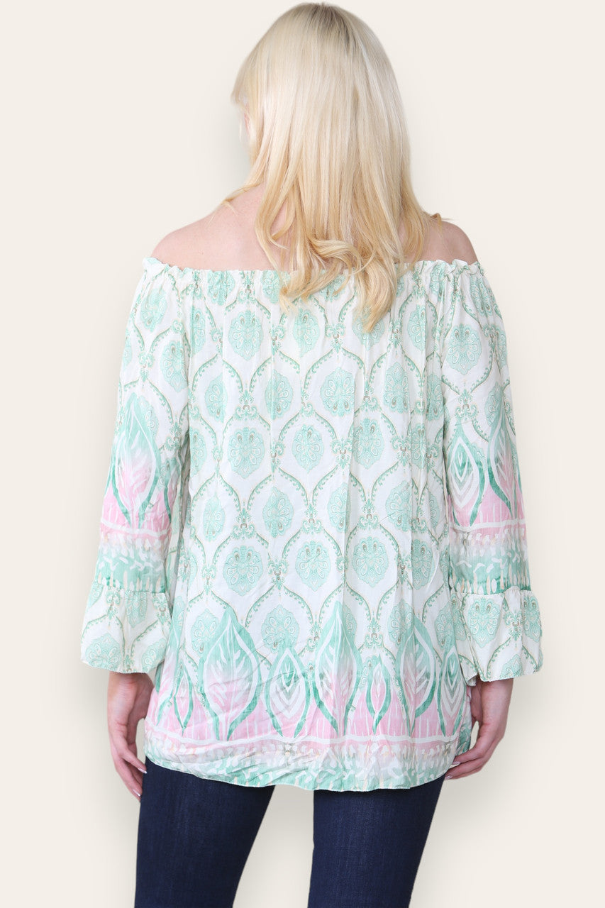 ART NOUVEAU PRINT BARDOT BLOUSE TOP MINT