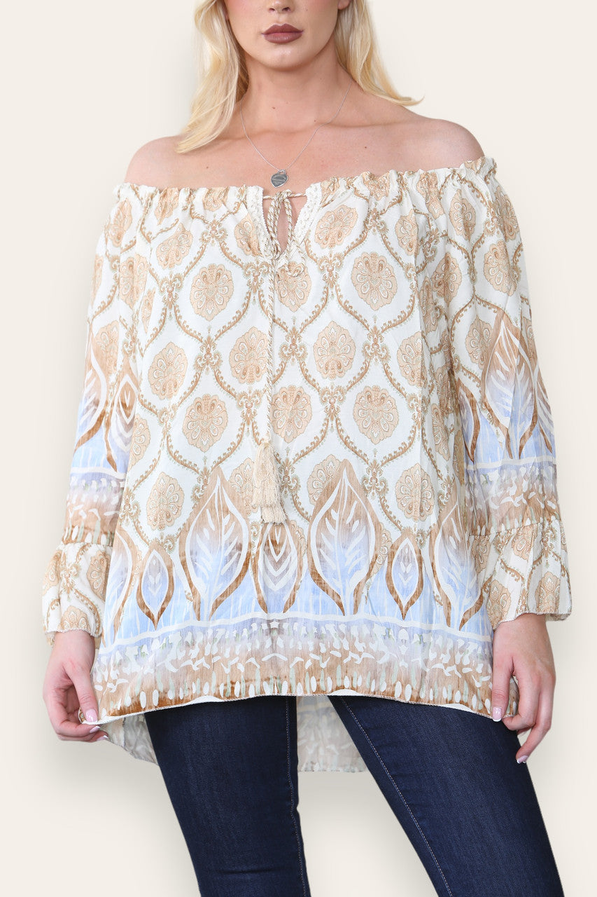 ART NOUVEAU PRINT BARDOT BLOUSE TOP STONE