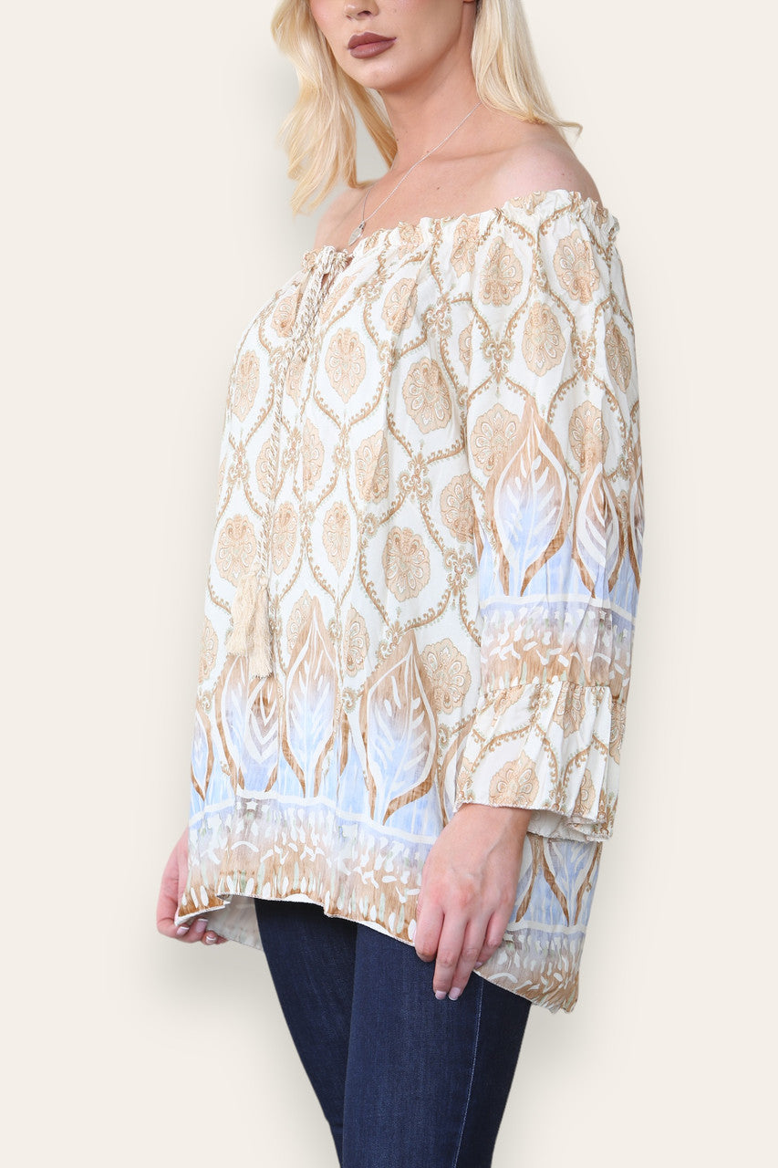 ART NOUVEAU PRINT BARDOT BLOUSE TOP STONE