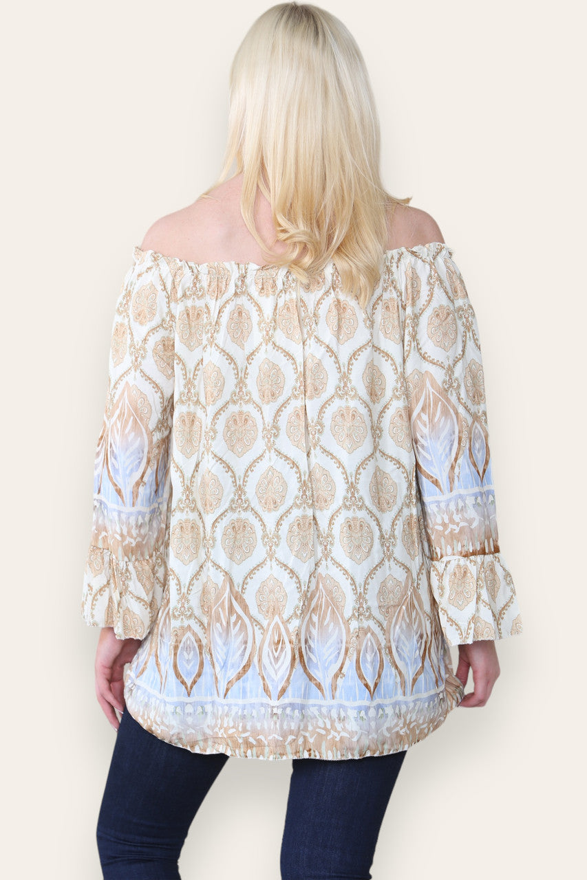 ART NOUVEAU PRINT BARDOT BLOUSE TOP STONE