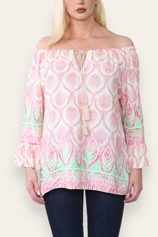 ART NOVEU PRINT BARDOT BLOUSE TOP PINK
