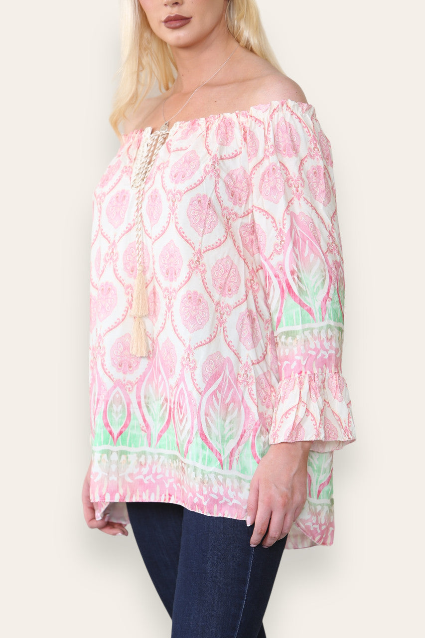 ART NOUVEAU PRINT BARDOT BLOUSE TOP ROZE