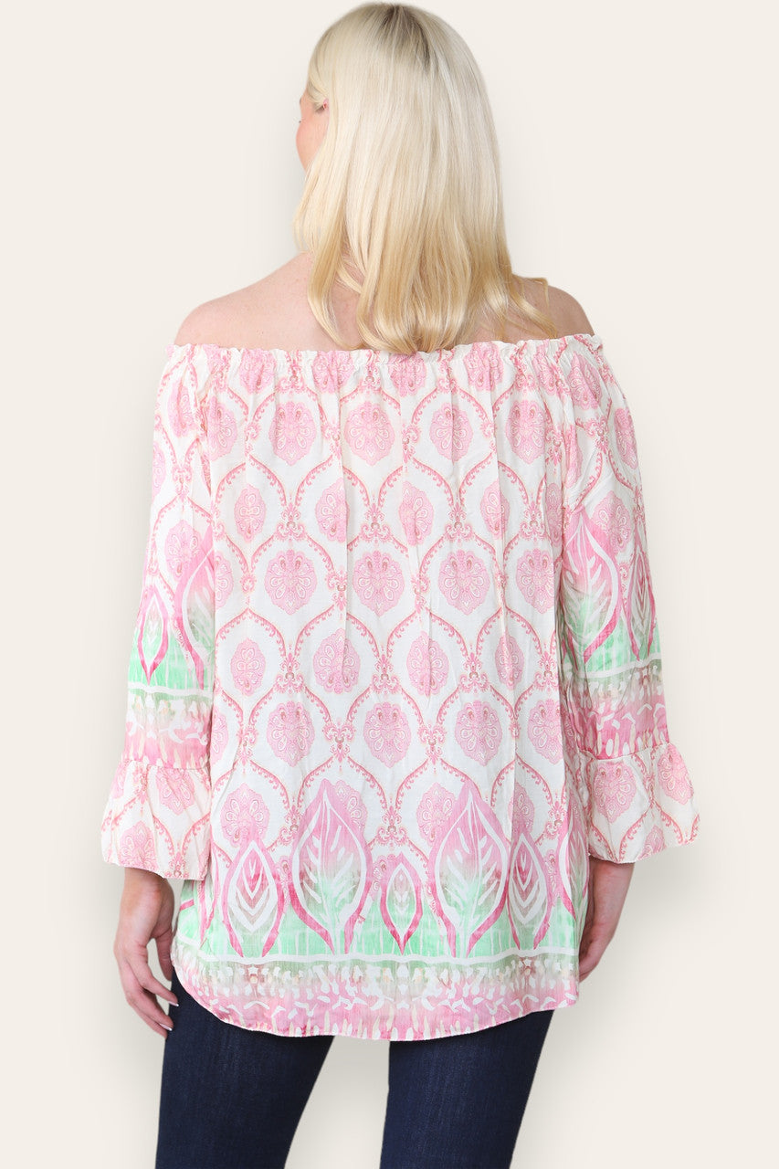 ART NOUVEAU PRINT BARDOT BLOUSE TOP ROZE