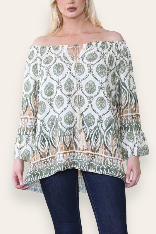 ART NOVEU PRINT BARDOT BLOUSE TOP KHAKI