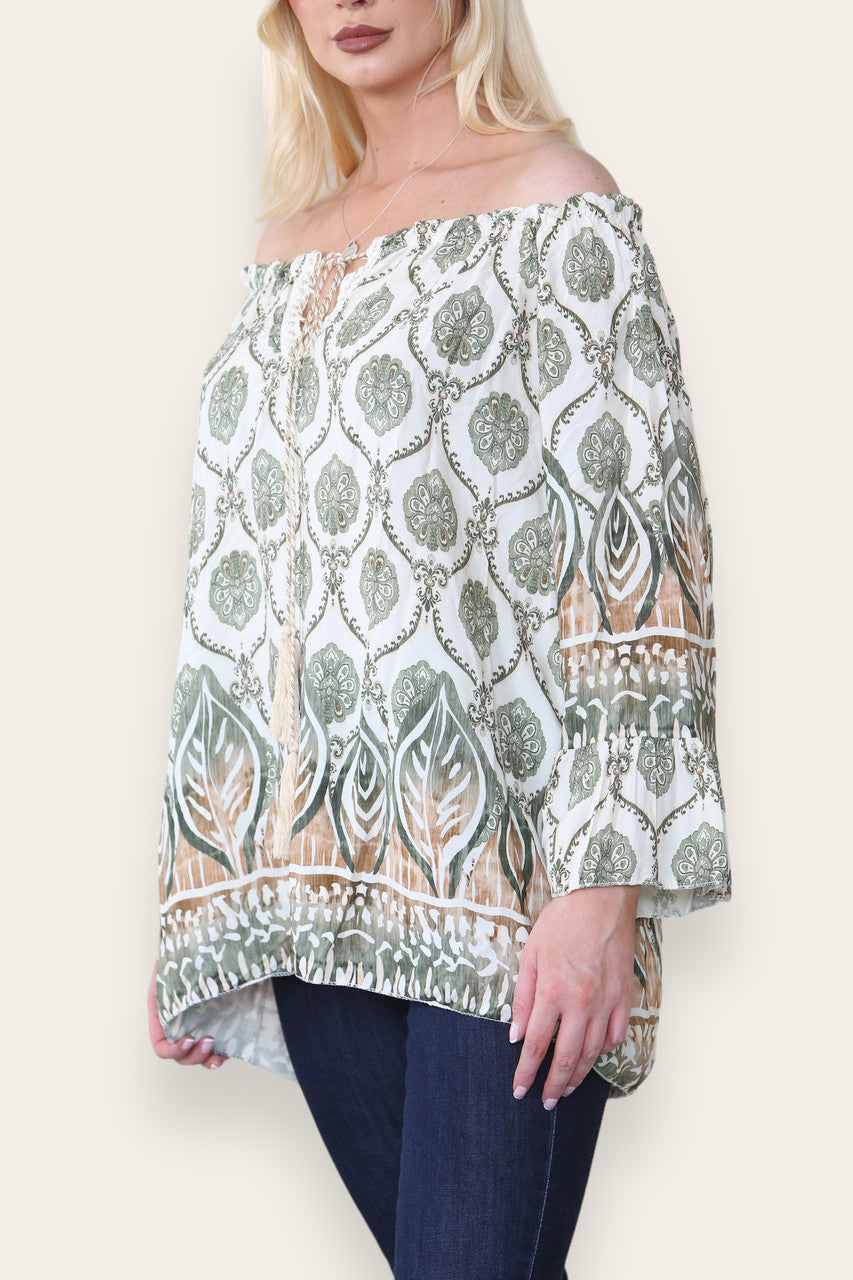 ART NOVEAU PRINT BARDOT BLOUSE TOP KAKI