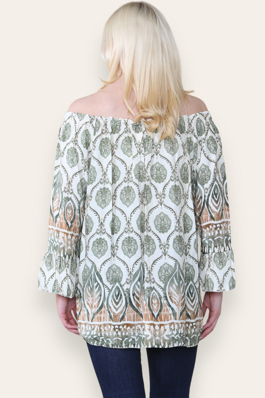 ART NOVEAU PRINT BARDOT BLOUSE TOP KAKI