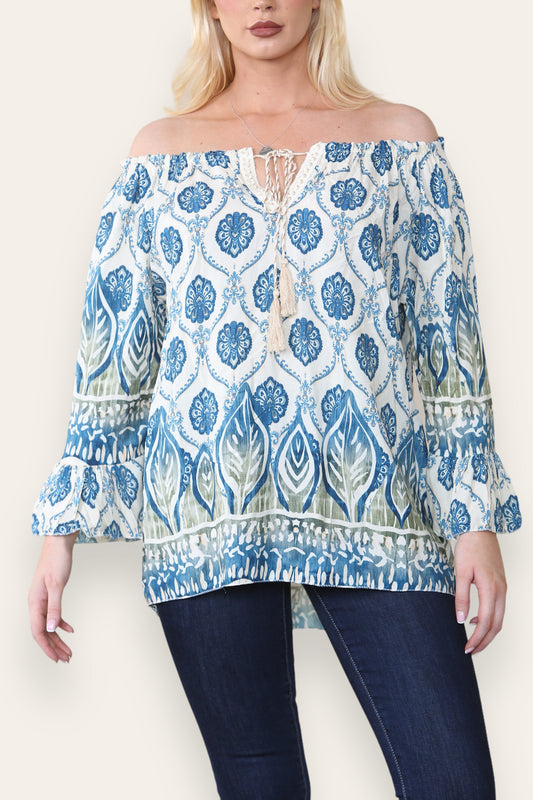 ART NOVEU PRINT BARDOT BLOUSE TOP NAVY