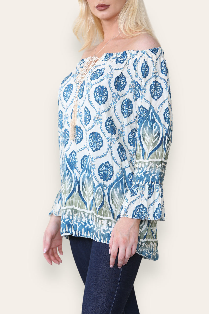 ART NOUVEAU PRINT BARDOT BLOUSE TOP NAVY
