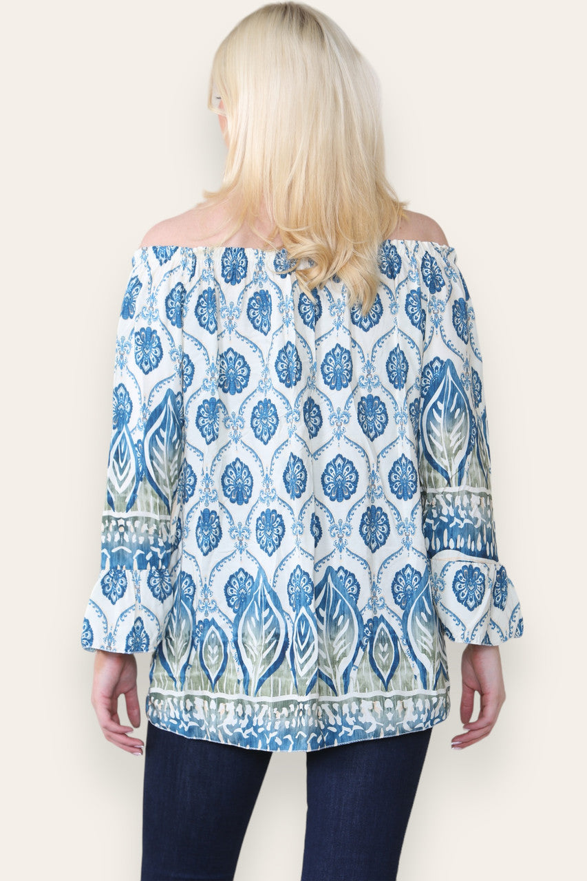 ART NOUVEAU PRINT BARDOT BLOUSE TOP NAVY
