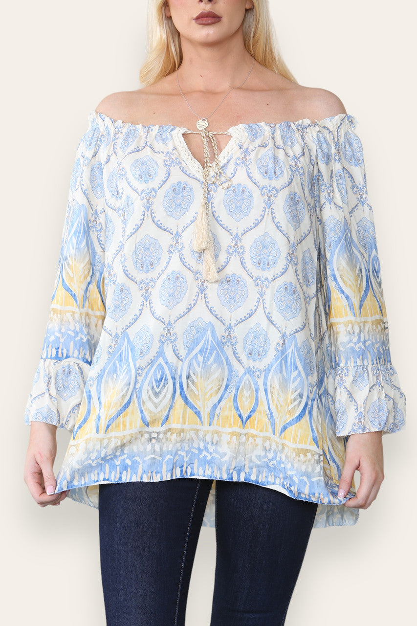 ART NOUVEAU PRINT BARDOT BLOUSE TOP LICHTBLAUW