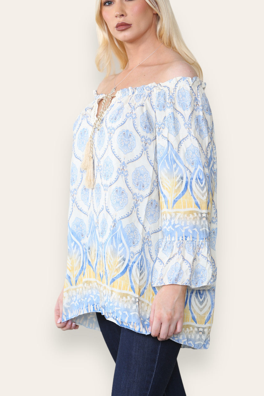 ART NOUVEAU PRINT BARDOT BLOUSE TOP LICHTBLAUW
