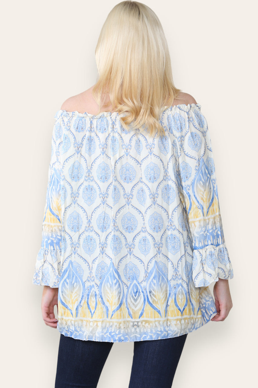 ART NOUVEAU PRINT BARDOT BLOUSE TOP LICHTBLAUW