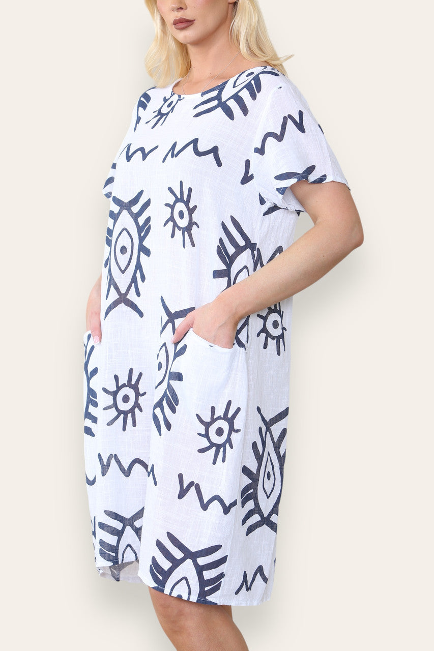 JURK MET TRIBALE PRINT EN WITTE MIDI LENGTE