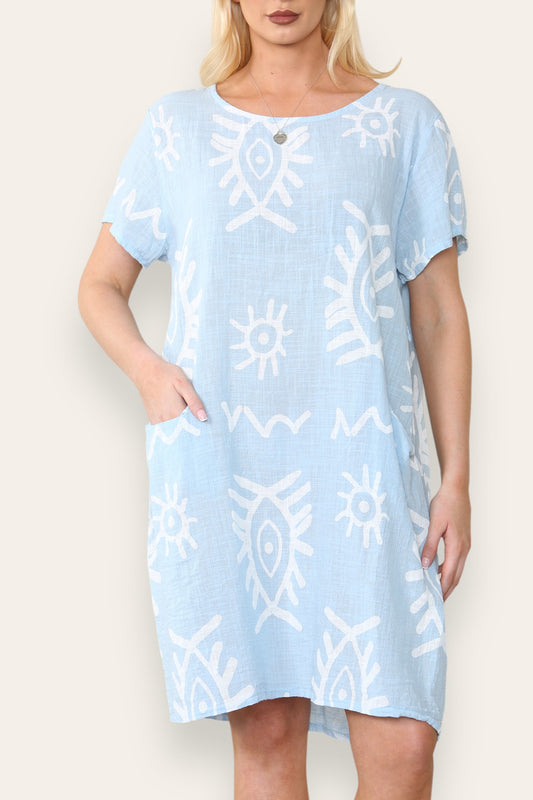 TRIBAL PRINT MIDI JURK HEMELSBLAUW
