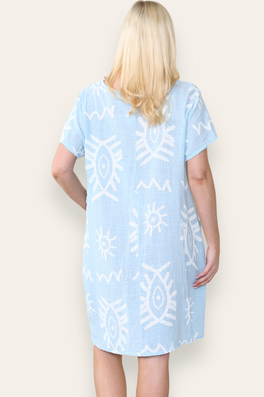 TRIBAL PRINT MIDI JURK HEMELSBLAUW
