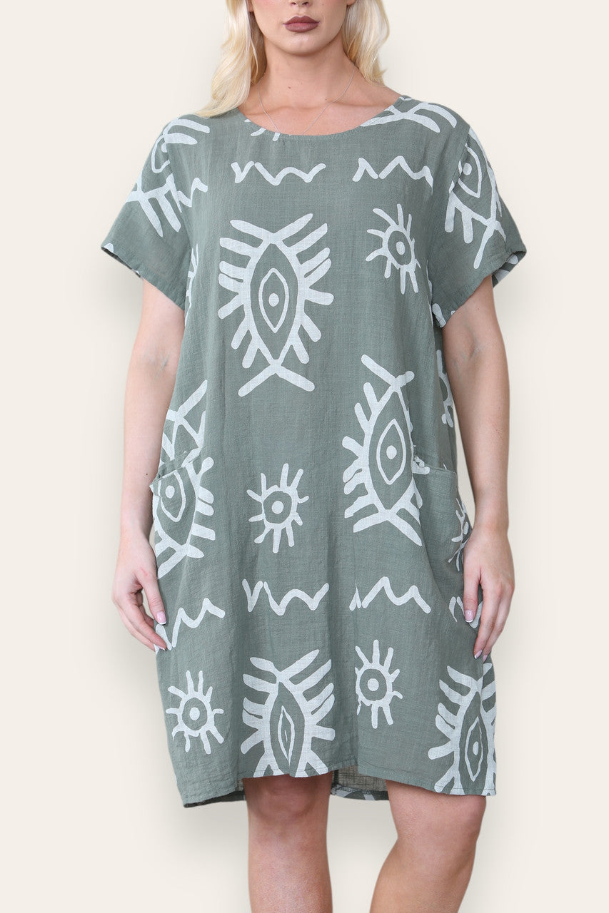 TRIBAL MIX PRINT MIDI DRESS KHAKI
