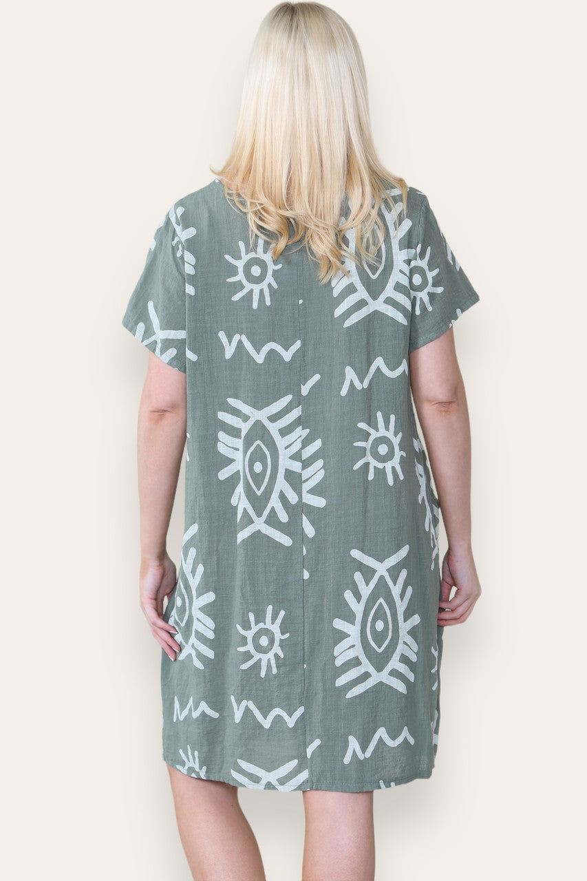 TRIBAL MIX PRINT MIDI DRESS KHAKI