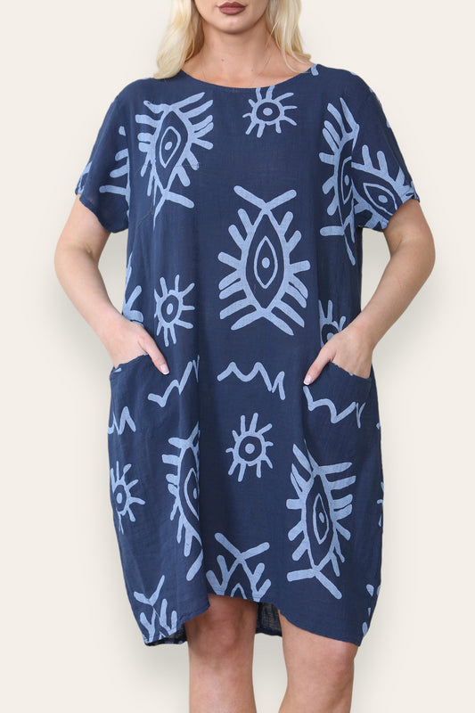 TRIBALE MIDI JURK MET GEMENGDE PRINT NAVY