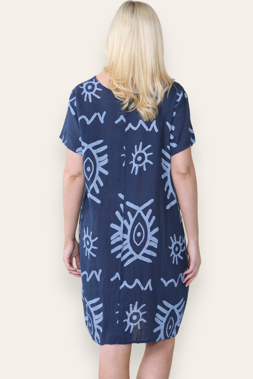 TRIBALE MIDI JURK MET GEMENGDE PRINT NAVY