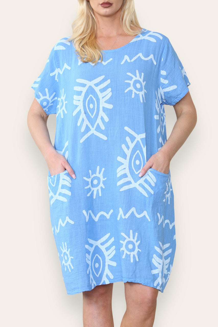 TRIBAL MIX PRINT MIDI DRESS BLUE