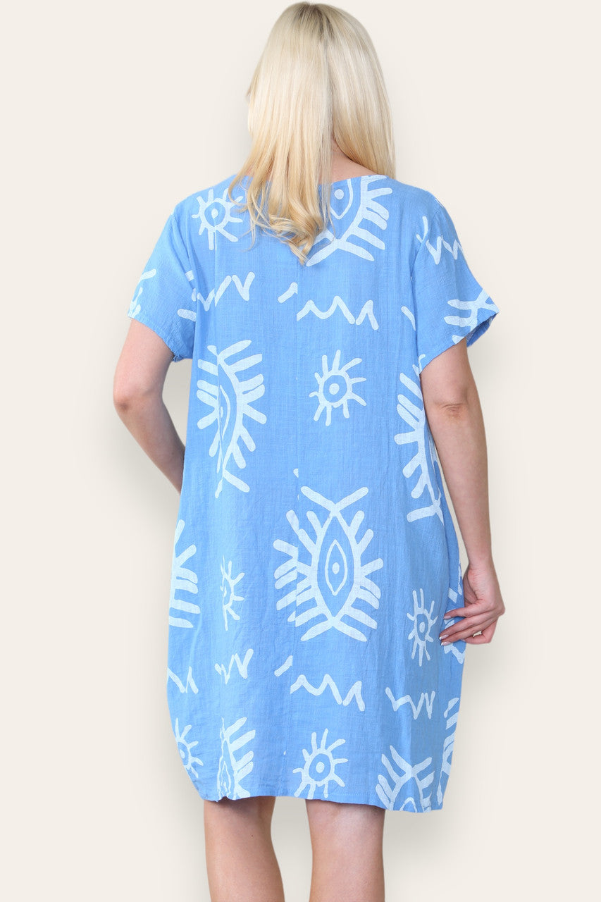 TRIBAL MIX PRINT MIDI DRESS BLUE