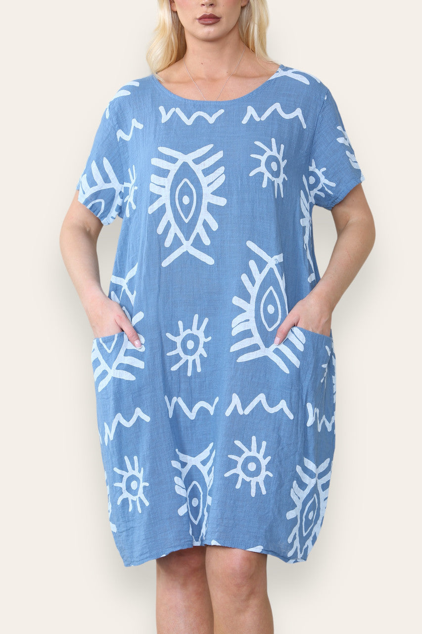 TRIBALE MIX PRINT MIDI JURK DENIM
