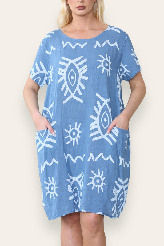TRIBALE MIX PRINT MIDI JURK DENIM