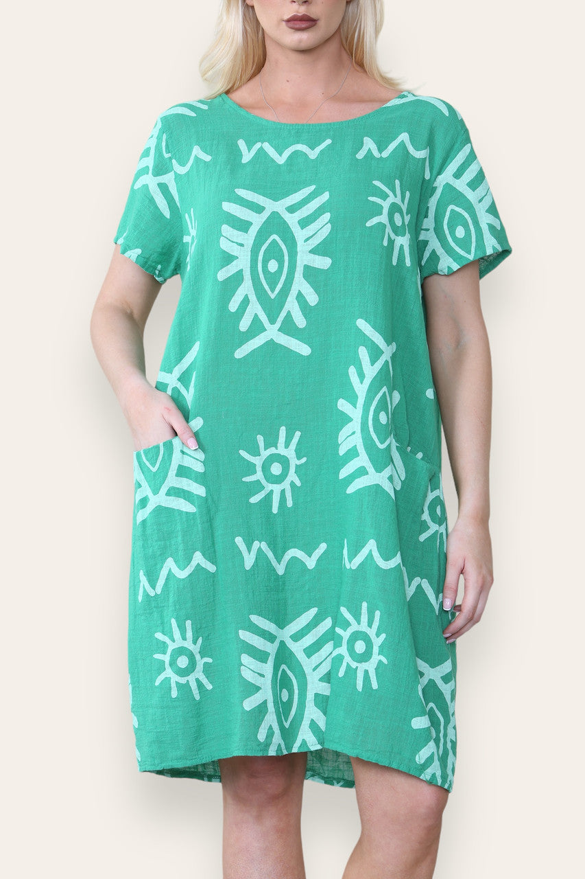 TRIBAL MIX PRINT MIDI DRESS GREEN