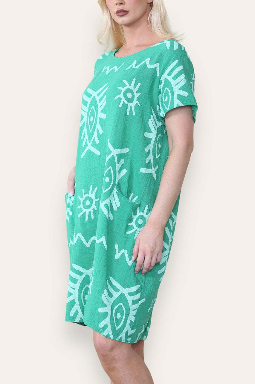 TRIBAL MIX PRINT MIDI DRESS GREEN