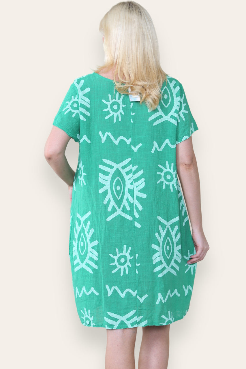 TRIBAL MIX PRINT MIDI DRESS GREEN