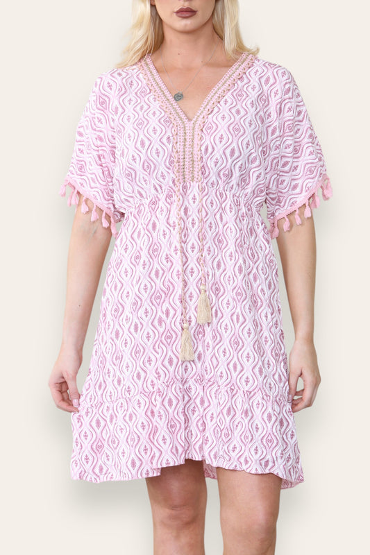 AZTEC ROPE TASSEL DETAIL MIDI DRESS PINK