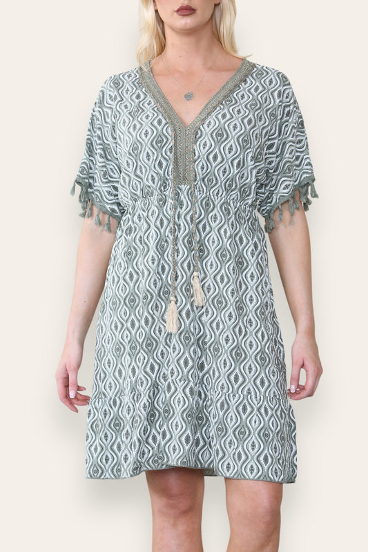 AZTEC ROPE TASSEL DETAIL MIDI DRESS KHAKI