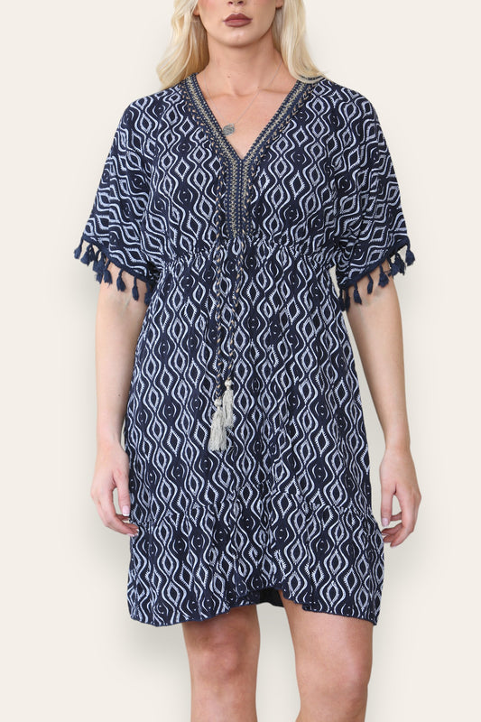 AZTEC ROPE TASSEL DETAIL MIDI DRESS NAVY