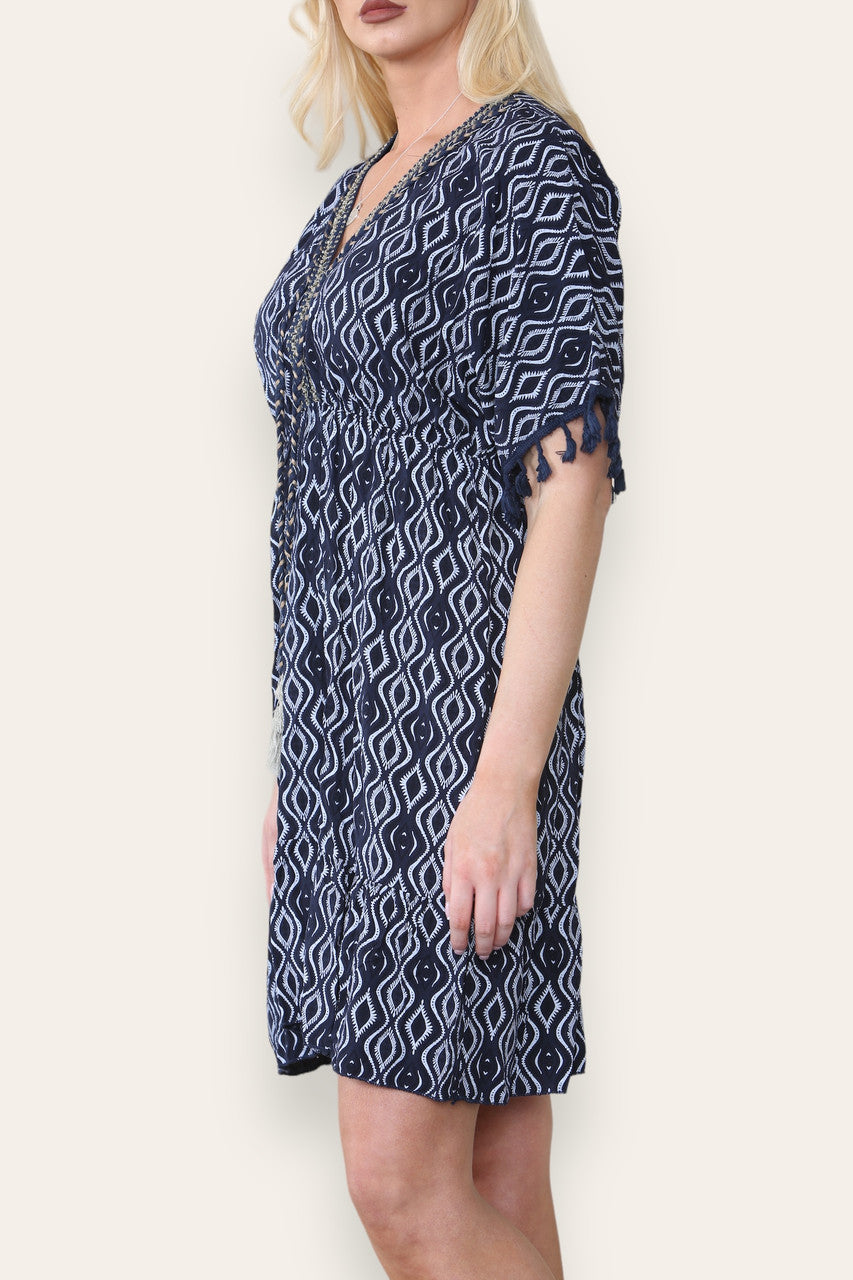 AZTEC ROPE TASSEL DETAIL MIDI DRESS NAVY
