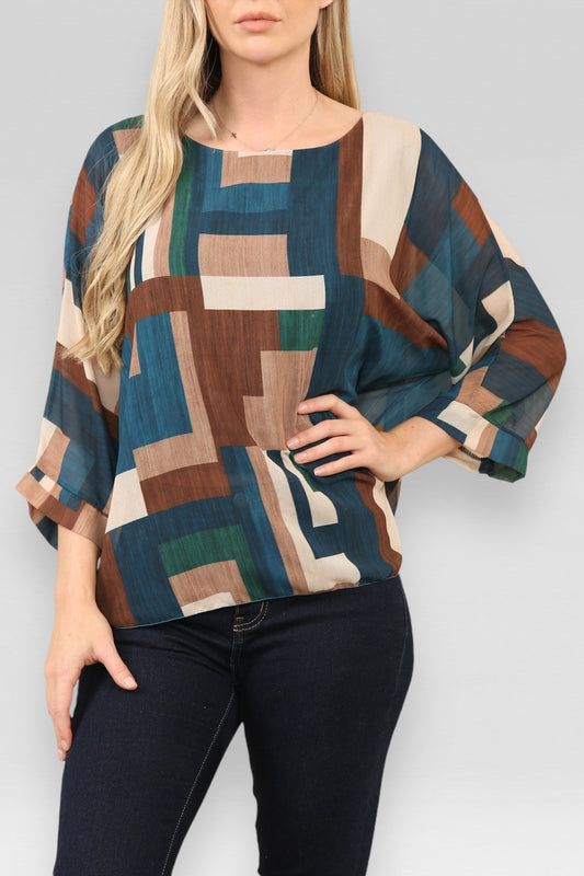 BLOUSE MET VIERKANTEN EN ABSTRACTE PRINT TURKOOIS