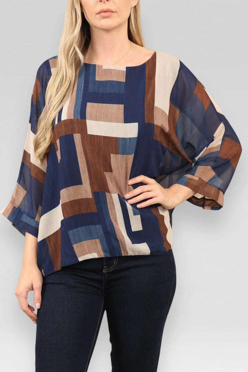 BLOUSE MET ABSTRACTE VIERKANTENPRINT NAVY