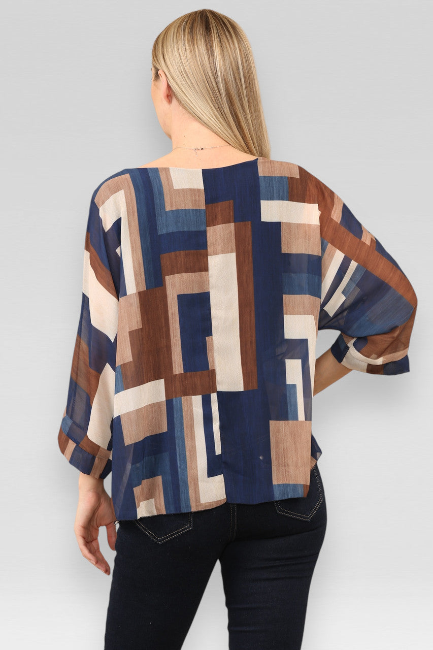 BLOUSE MET ABSTRACTE VIERKANTENPRINT NAVY