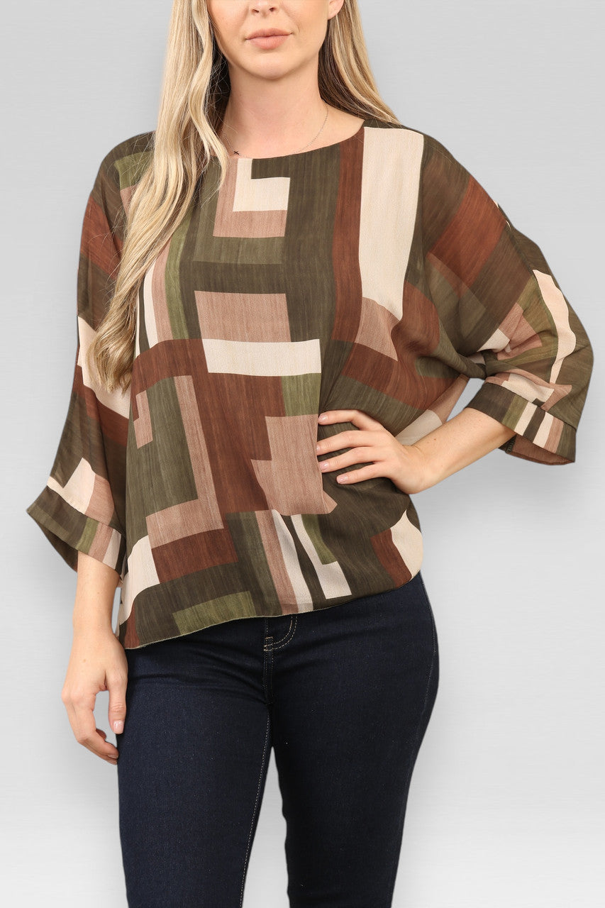 BLOUSE MET ABSTRACTE VIERKANTENPRINT KHAKI