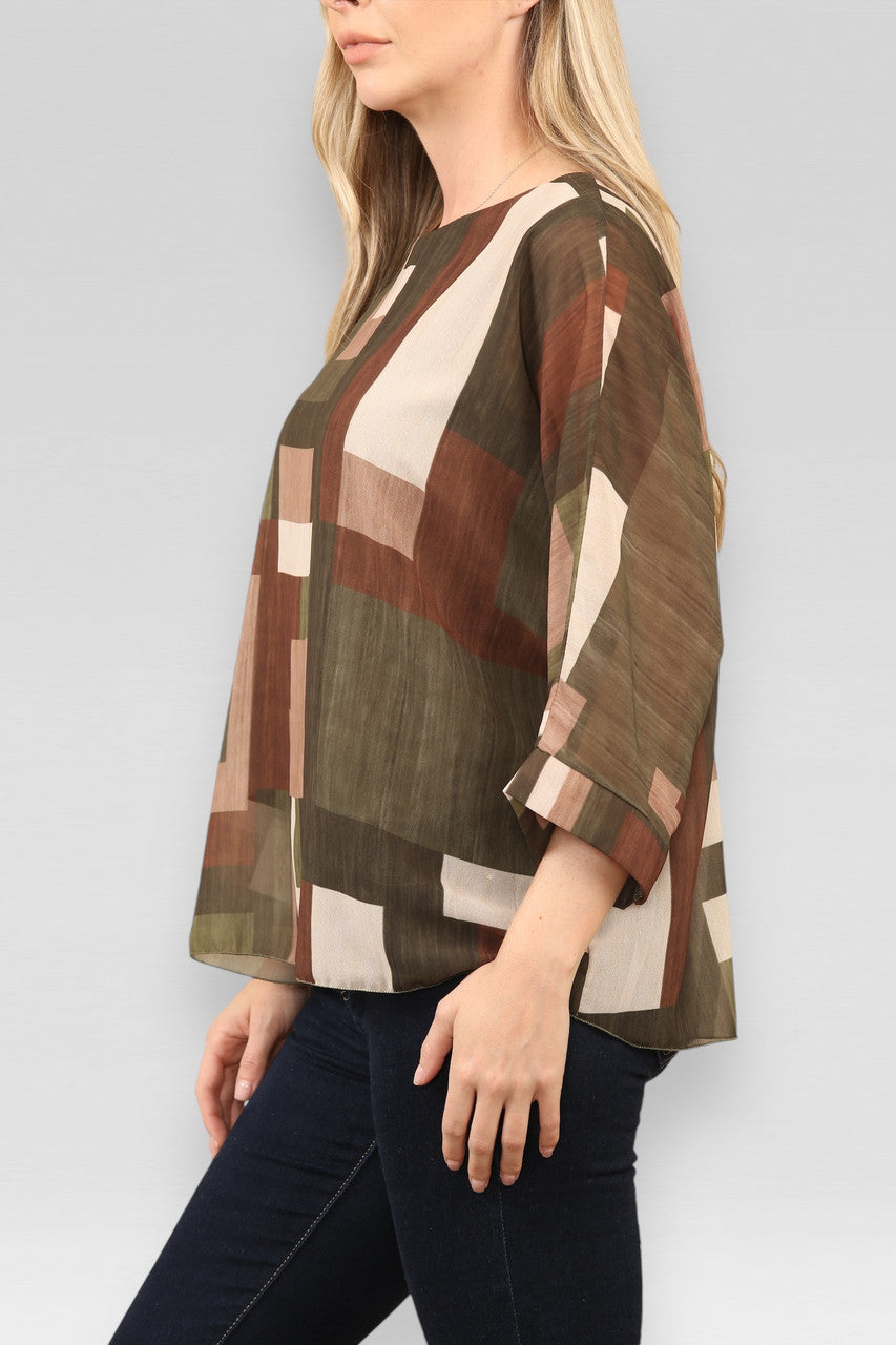 BLOUSE MET ABSTRACTE VIERKANTENPRINT KHAKI