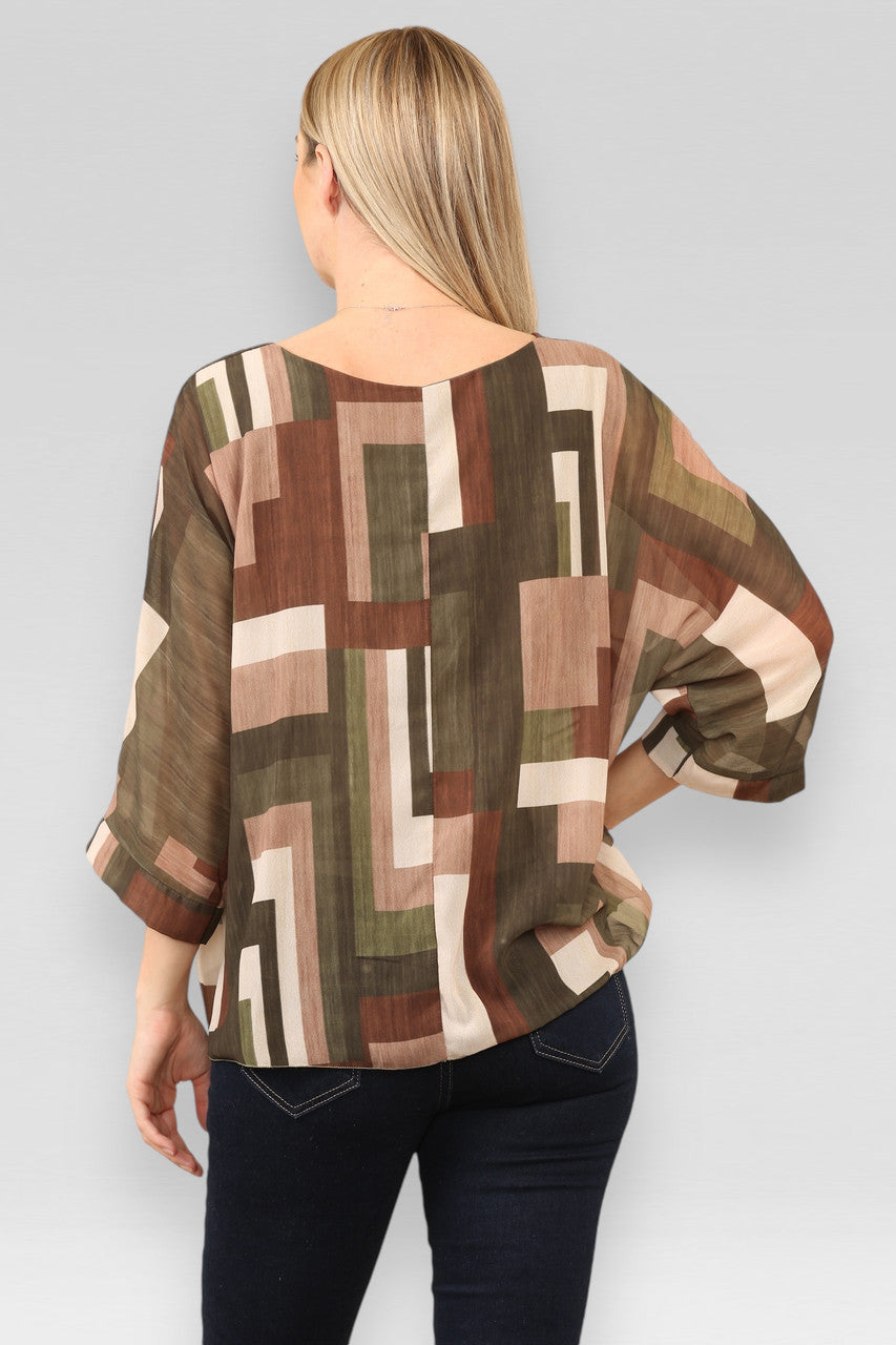 BLOUSE MET ABSTRACTE VIERKANTENPRINT KHAKI