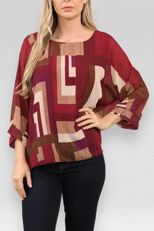 BLOUSE MET VIERKANTEN ABSTRACTE PRINT BORDEAUXROOD