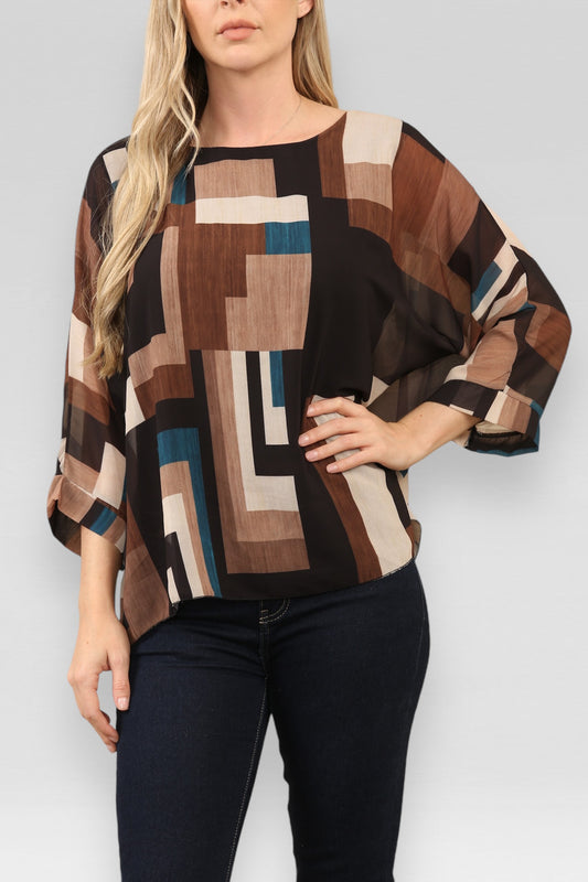 BLOUSE MET ABSTRACTE VIERKANTEN PRINT ZWART