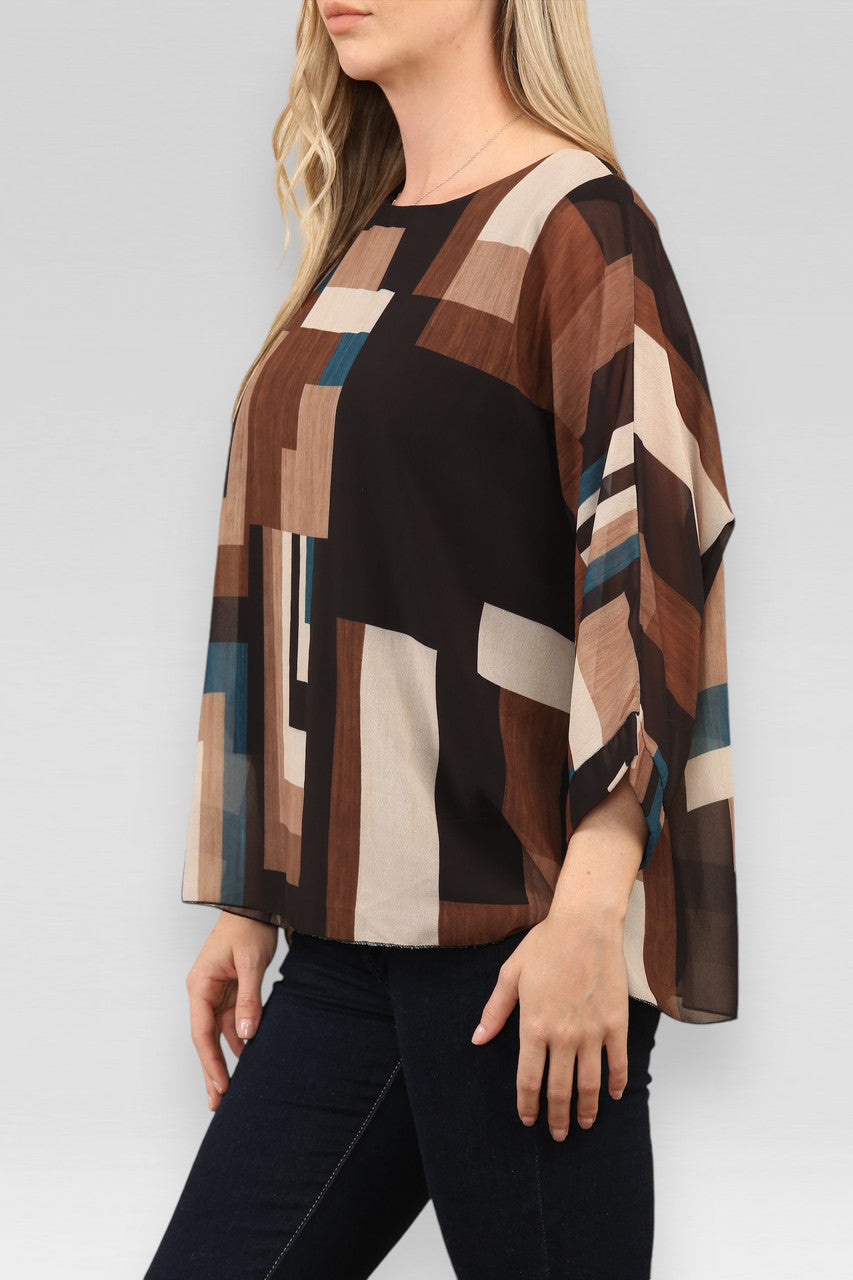 BLOUSE MET ABSTRACTE VIERKANTEN PRINT ZWART