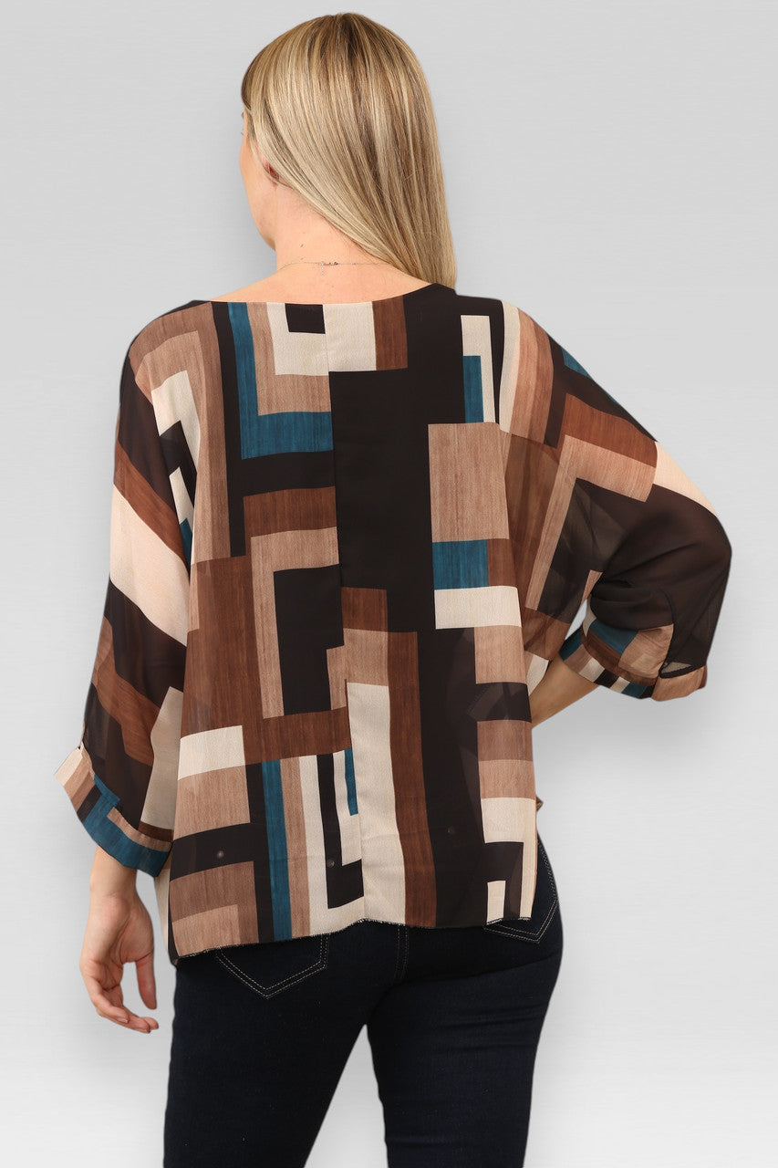 BLOUSE MET ABSTRACTE VIERKANTEN PRINT ZWART