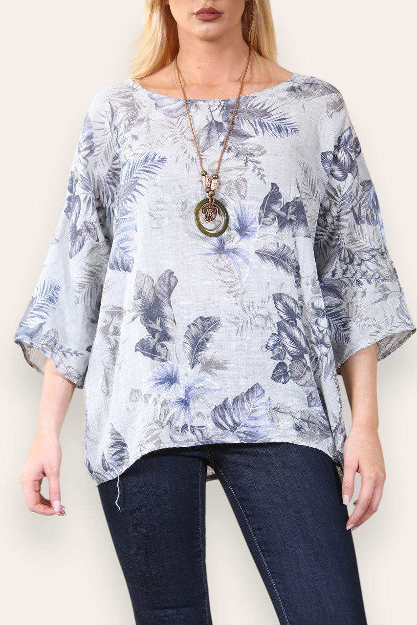 LEAF MIX PRINT TOP  - GREY